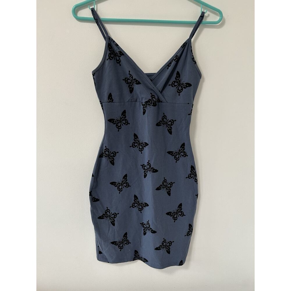 Y2K 90's Butterly Mini Dress Blue Babydoll Surplice Stretch Size XS Whimsy